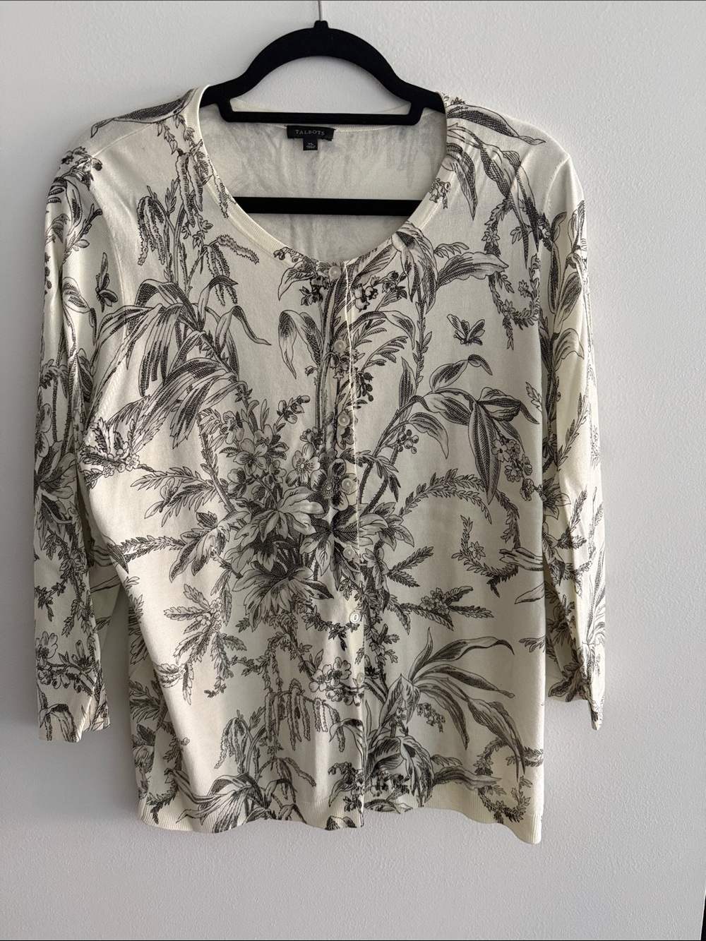 Talbots Cream and Black Floral-Print Button Down Top